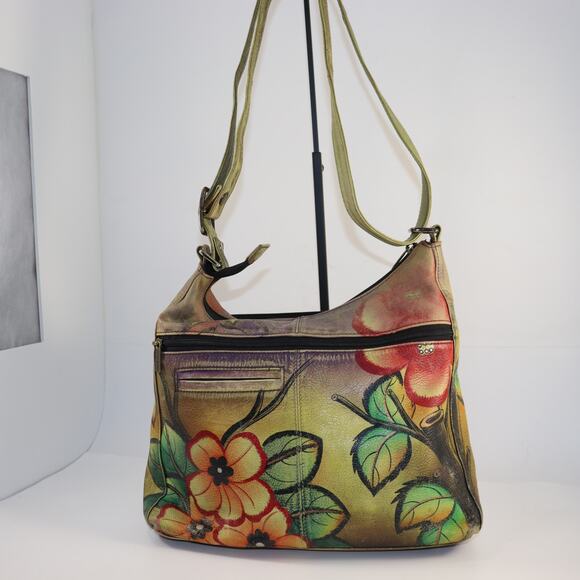 Anuschka Hand-Painted Leather Crossbody Bag Cat & Bird Floral - Picture 2 of 9